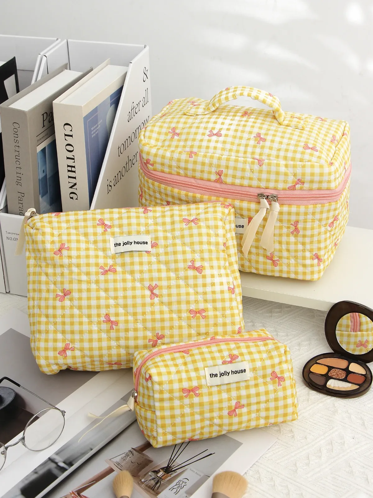 trousse polyester carreaux jaunes nœuds roses voyage cosmétiques maquillage grande capacité s m xl