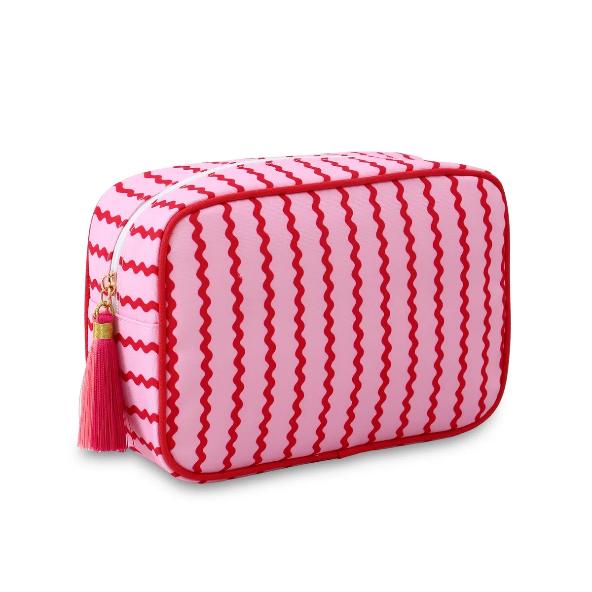 grand sac à cosmétiques portable rayé pour femmes, sac de maquillage à pompon avec fermeture éclair, pochette de rangement de grande capacité