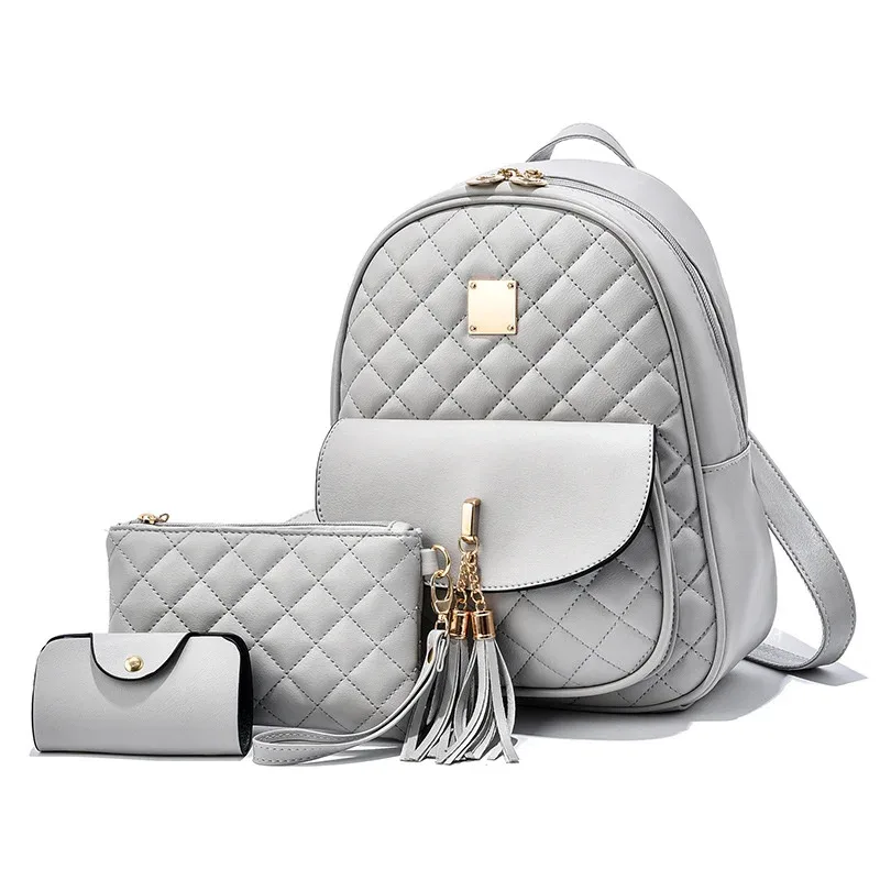 Sac Dos Cuir Synthétique Gris Motif Géométrique Relief Bandoulière Amovible Porte-Monnaie Inclus Voyage Femme