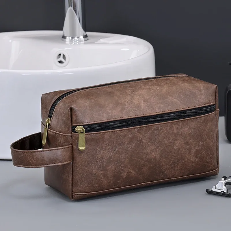 sac à cosmétiques en cuir pour hommes, voyage d'affaires, rasage, trousse de toilette portable, organisateur de grande capacité, sac de lavage à main