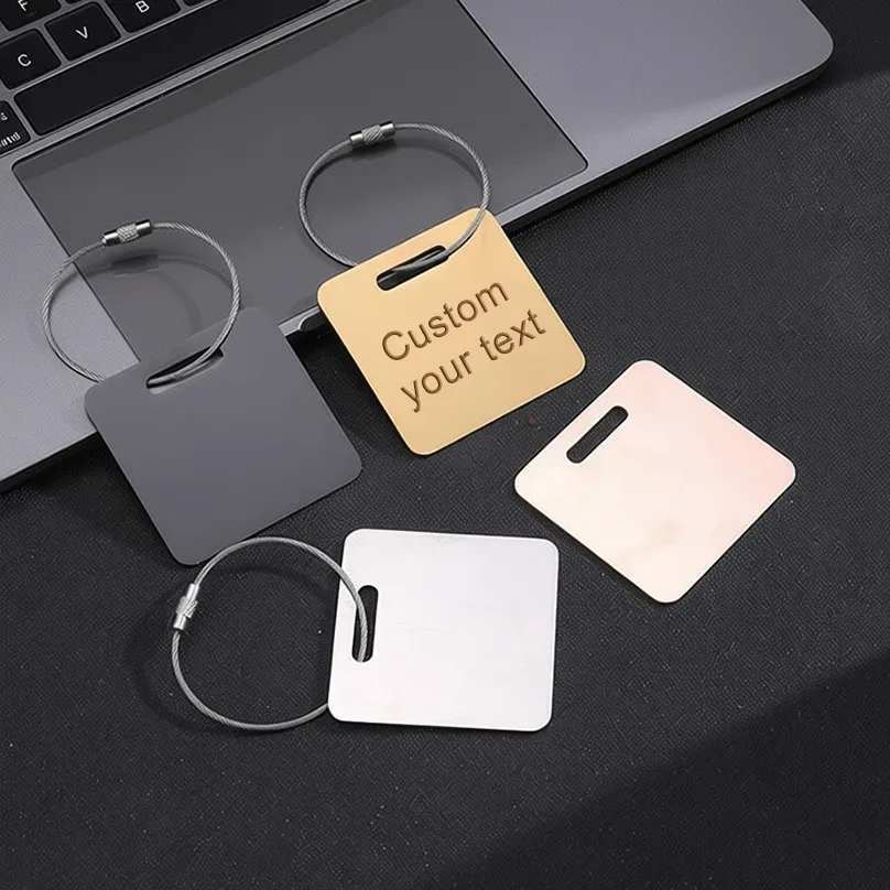 étiquette de bagage avec texte personnalisé, étiquette de valise personnalisée en acier inoxydable, accessoires de voyage anti-perte, étiquettes d'identification de gravure laser