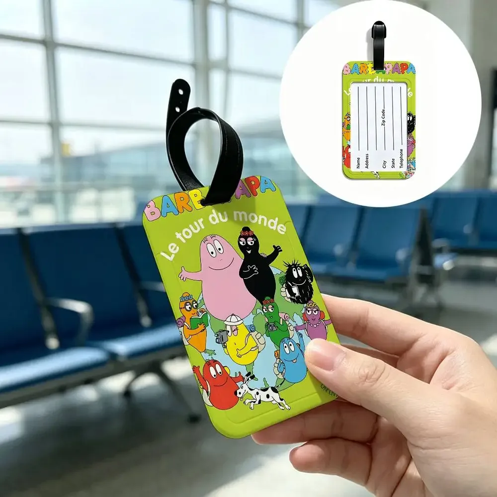 étiquette bagage plastique rectangulaire personnages animés vert bande noire boucle identification voyage ecole pratique anti-perte
