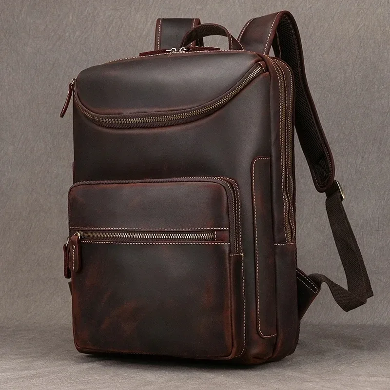 sac dos cuir vache marron cuir véritable poche intérieure zippée bandes support ajustables style décontracté capacité 20 35 litres