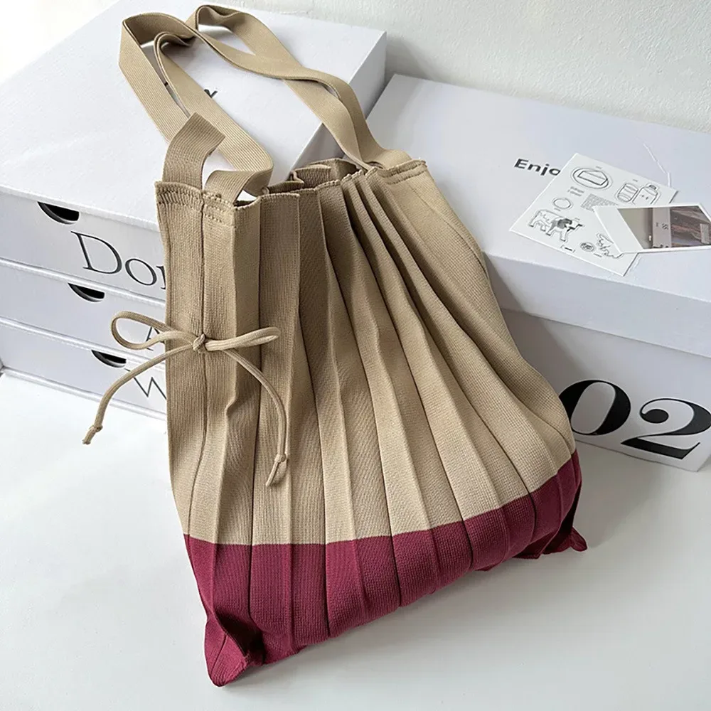 sac à main pliable en tricot, sac de shopping, pochette d'épaule, sac écologique pliable, sac de voyage à grande capacité, couleur contrastée, plissé.