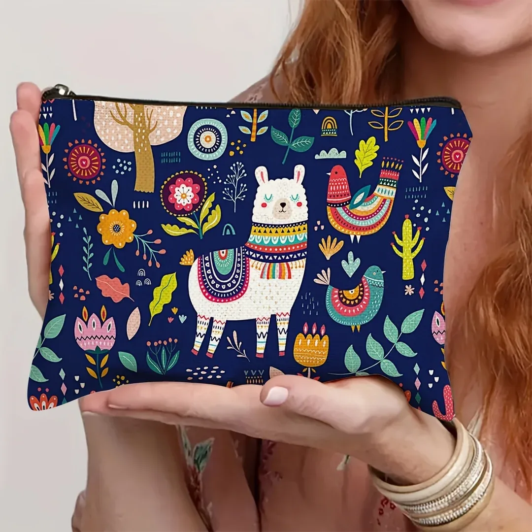 trousse de maquillage à imprimé animal fantaisiste, 1 pièce, organisateur de cosmétiques de voyage de grande capacité avec fermeture à glissière, lama et designs mignons