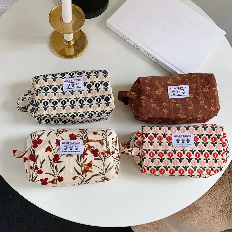 sacs de maquillage en velours côtelé pour femmes, sac à cosmétiques imprimé floral, trousse à crayons, trousse de toilette de voyage, sac de rangement, organisateur, trousse de beauté