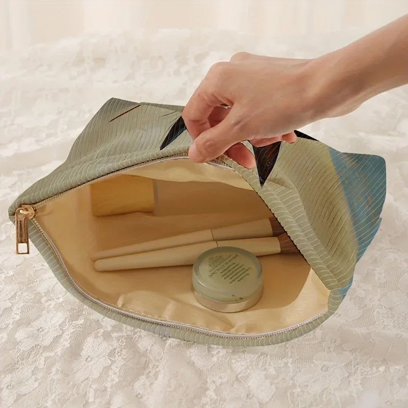 1 pièce, trousse de maquillage en velours côtelé à motif de chat noir, boîte de rangement légère à fermeture éclair, sac multifonctionnel avec doublure