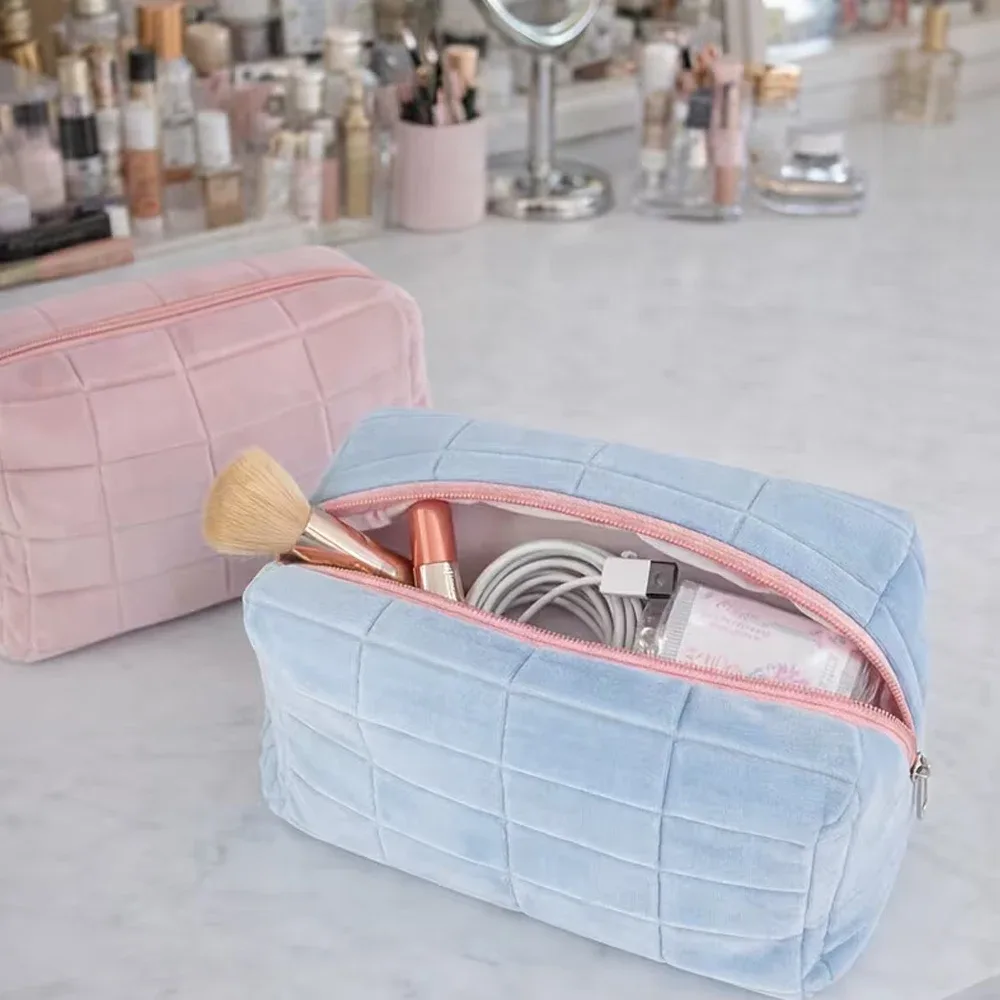 pochette polyester rose claro carreaux blancs zip voyage cosmétiques rangement multifonctionnement portable mignonne pinceaux maquillage femmes