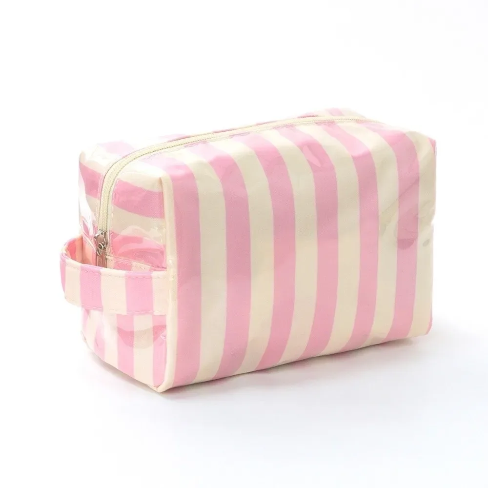 trousse de toilette rayée imperméable rose simple sac de rangement cosmétique de voyage grande capacité portable organisateur de maquillage en pvc plage