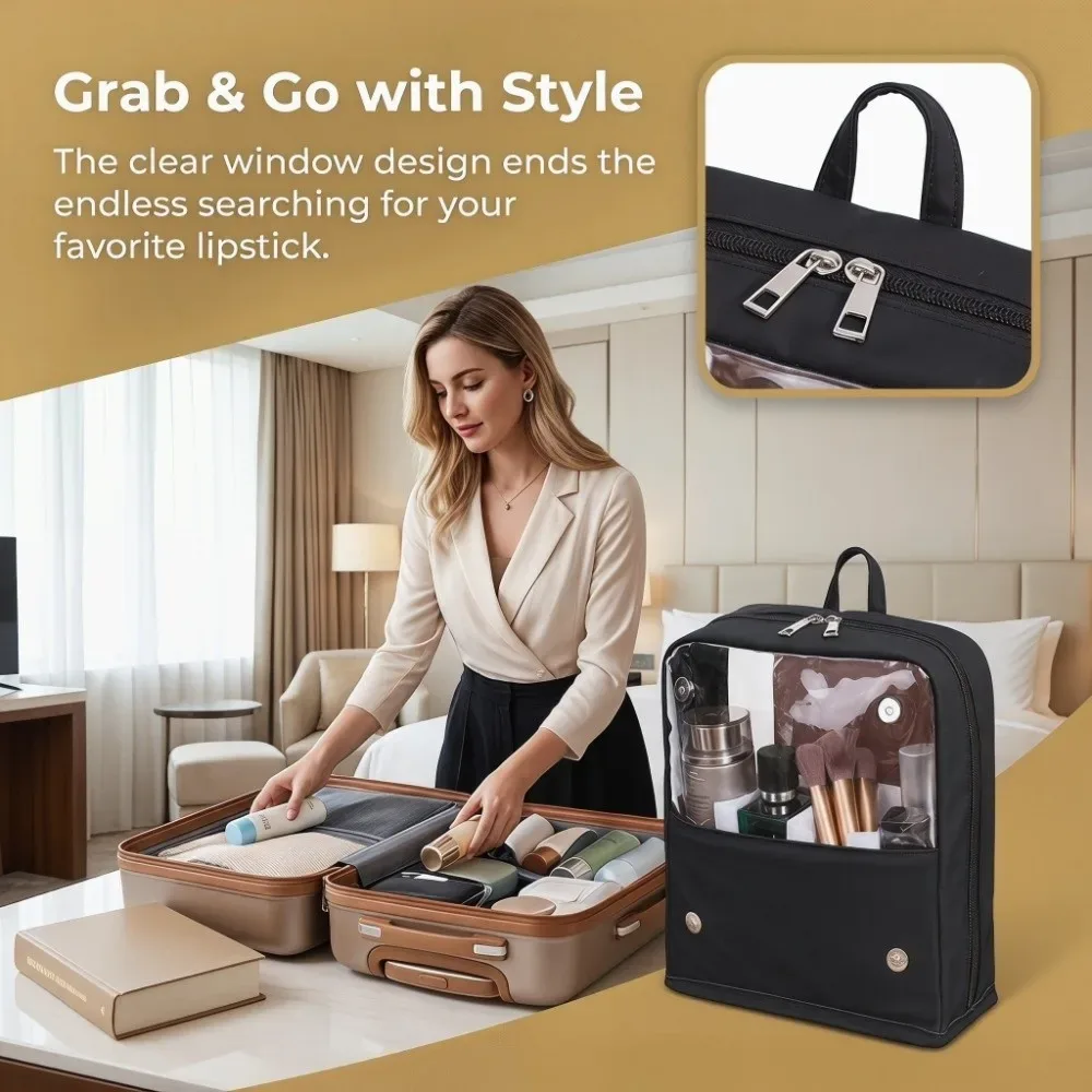 trousse de maquillage transparente imperméable avec fermeture éclair, grande capacité, poignée et conception autoportante
