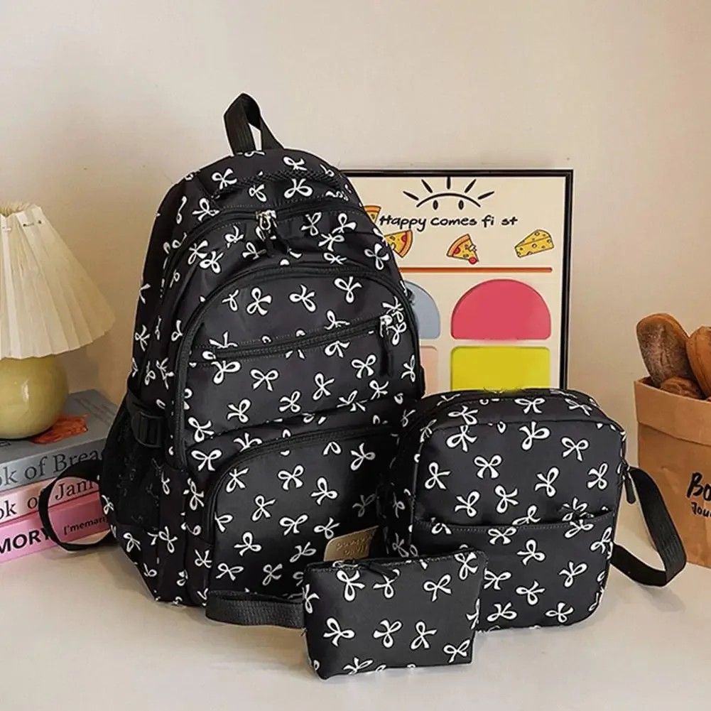 Sac Dos Polyester Motifs Nœuds Blancs Fond Noir Beige Deux Petits Sacs Accessoires Usage Voyage École