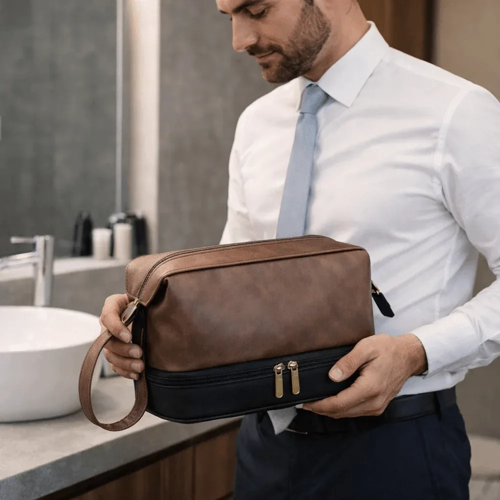 Trousse de toilette rétro en cuir PU pour hommes, grande capacité, séparation sec-humide, étanche, pochette de maquillage professionnelle pour hommes
