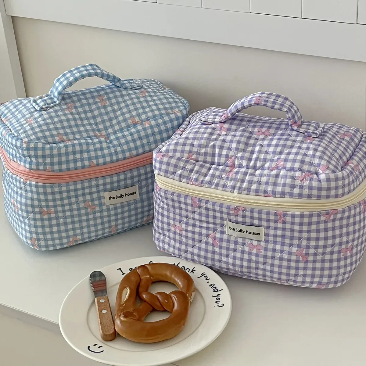 Sac de rangement matelassé grande capacité YT pour étudiants, sac à main souple portable, trousse de toilette, trousse à cosmétiques à carreaux avec nœud