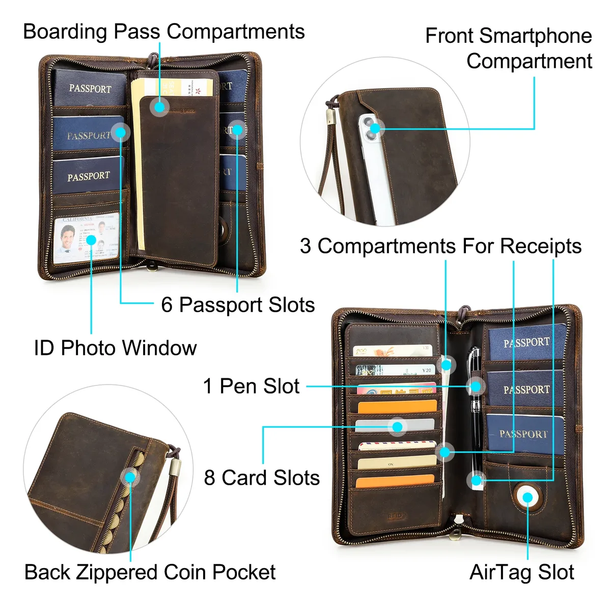 porte-passeport familial en cuir véritable contact's avec emplacement airtag, porte-stylo, pochette à monnaie, portefeuille de voyage et de passeports