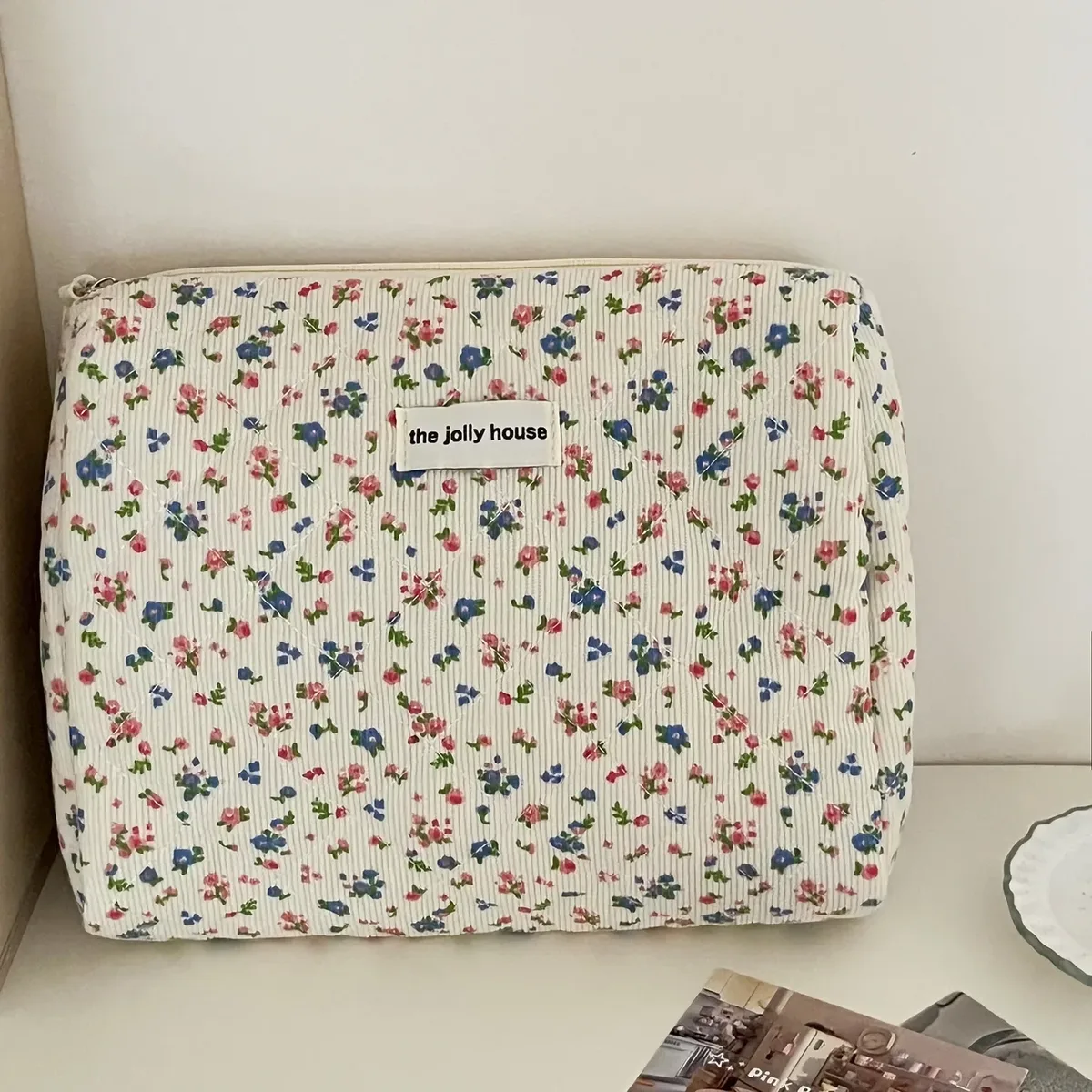sacs de rangement floraux doux pour femmes, sac à cosmétiques rétro en velours côtelé pour dames, trousse de maquillage portable de voyage, pochette, sacs à main