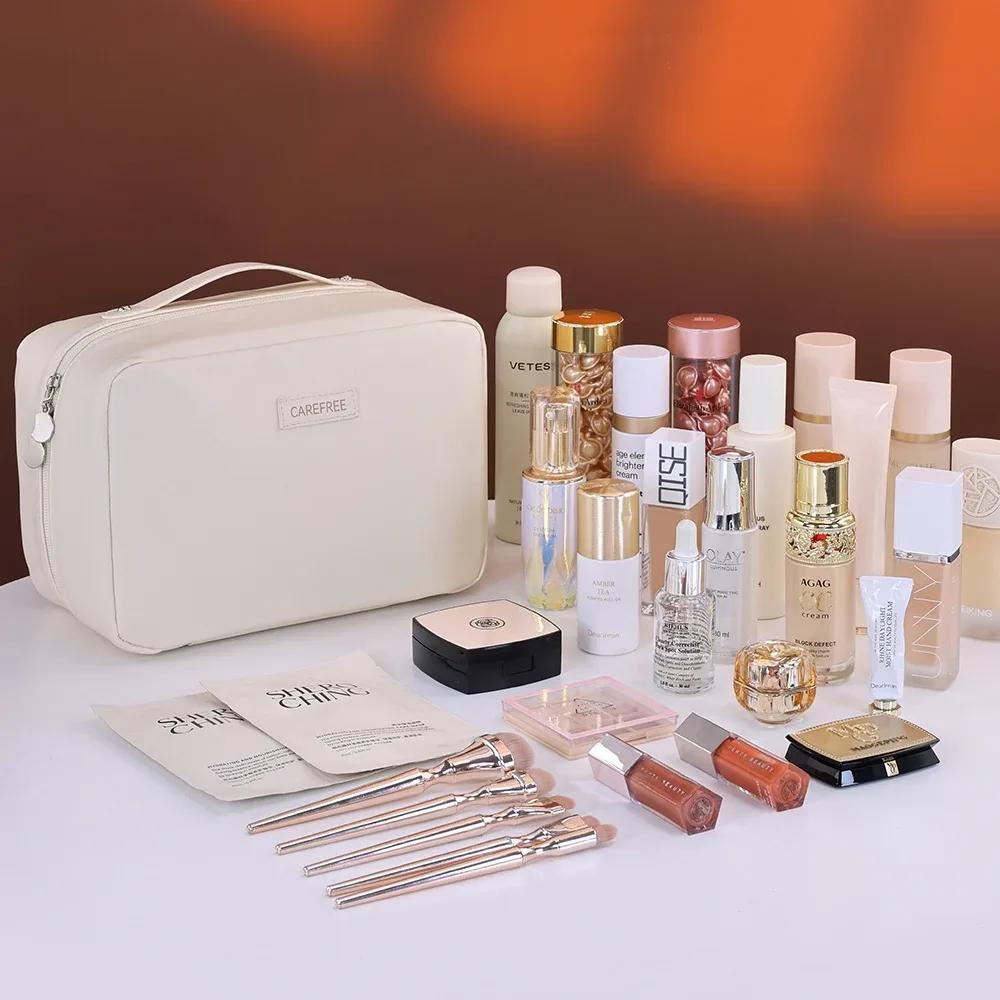 sac de maquillage en cuir pu étanche de grande capacité, sac de rangement de cosmétiques de voyage portable pour femmes, sac de lavage de soins de la peau