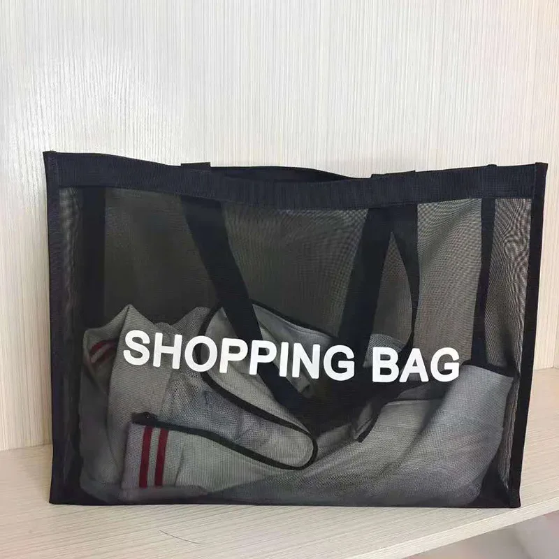 sac à provisions en maille de nylon avec logo personnalisé, sac de grande capacité, sac de voyage de plage respirant, transparent, personnalisé, initié, stockage clo