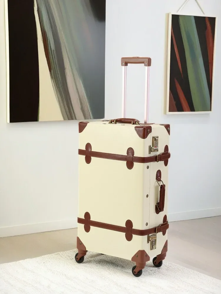 valise en cuir britannique vintage, bagage à roulettes rétro avec matériel en laiton antique et roues silencieuses, sac à main approuvé par cabine