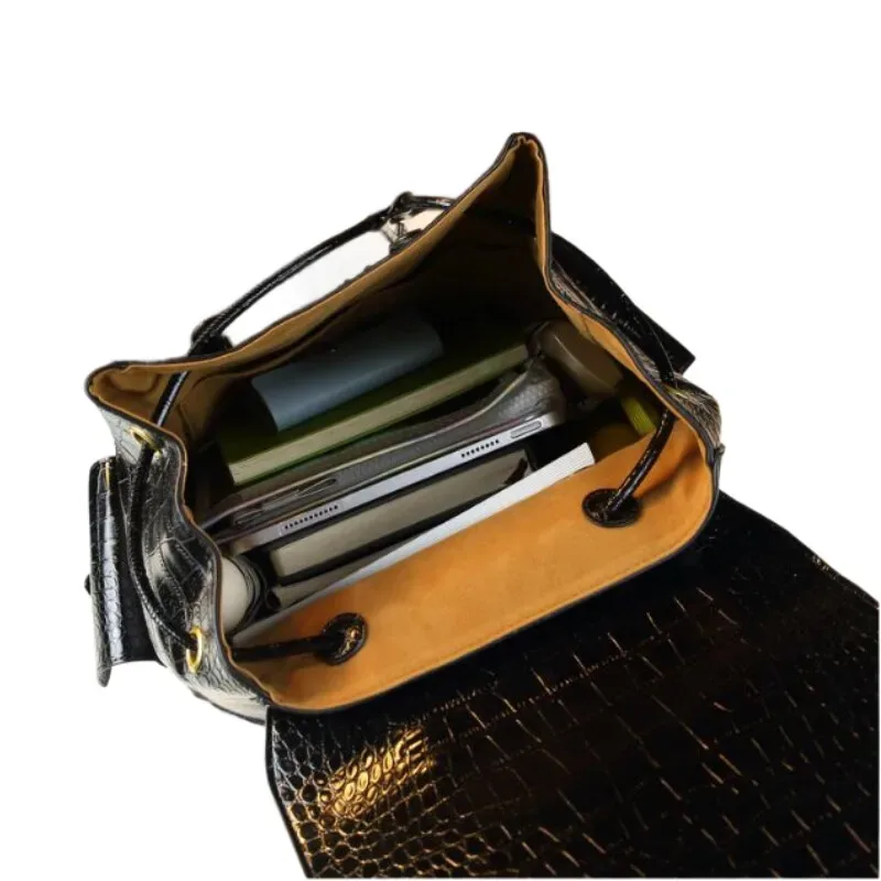 sac à dos de voyage à motif crocodile en cuir de vache véritable – grand sac d'école unisexe pour étudiants et employés de bureau avec fermeture éclair antivol