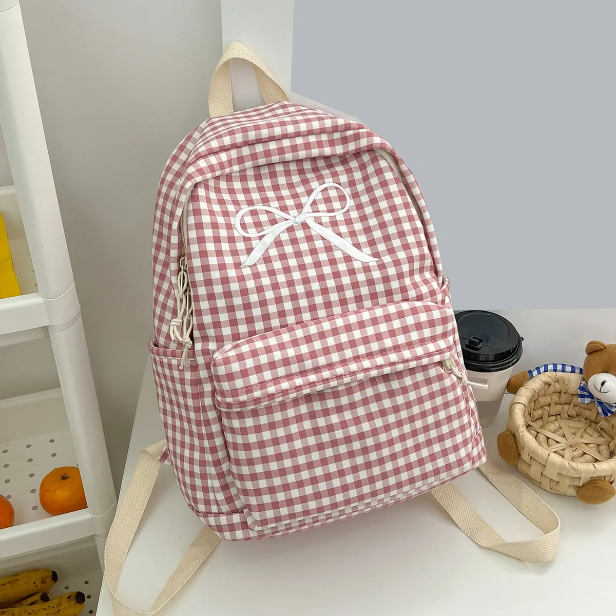 sac à dos scolaire mignon pour étudiants, multi-poches, en nylon souple, style preppy, motif quadrillé, avec nœud, pour livres, trajets quotidiens et travail