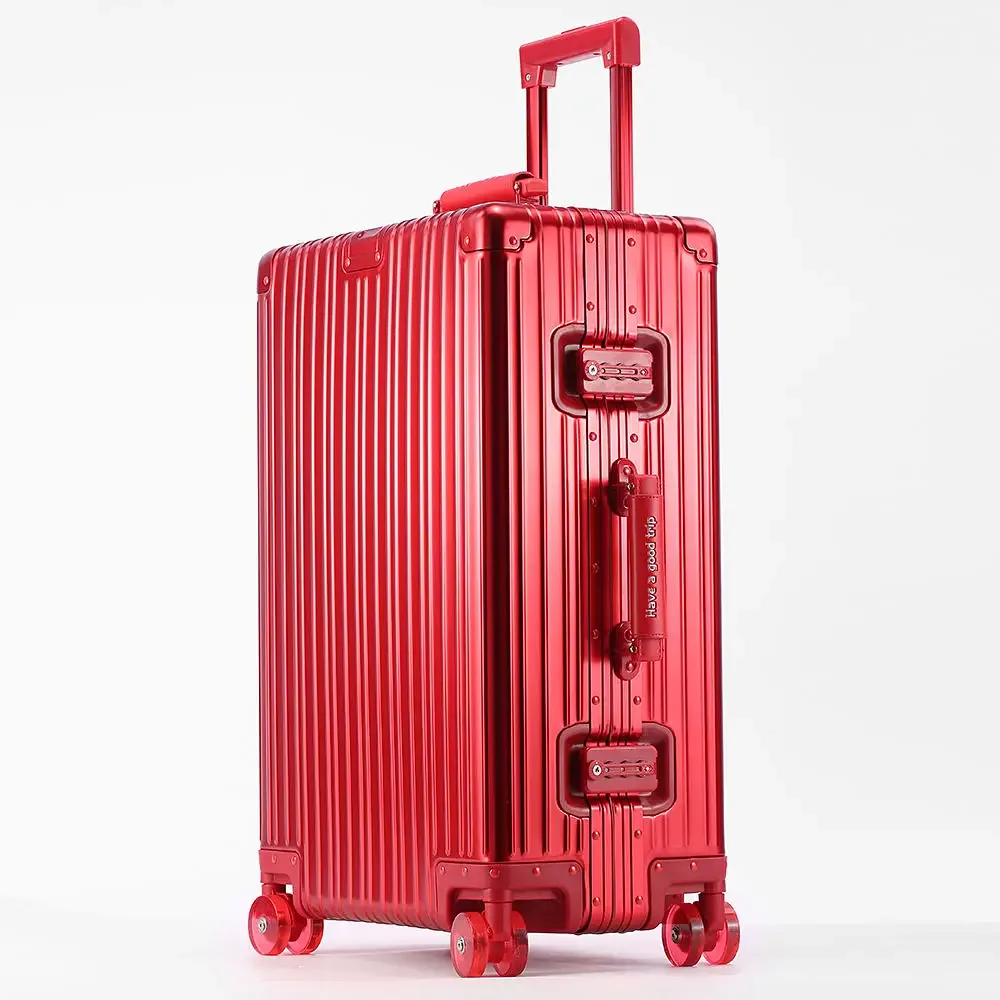 nouvelle valise tout en alliage d'aluminium-magnésium avec roue rotative serrure tsa poignée en cuir 20/24/29 ''étui de voyage sac bagage roulant