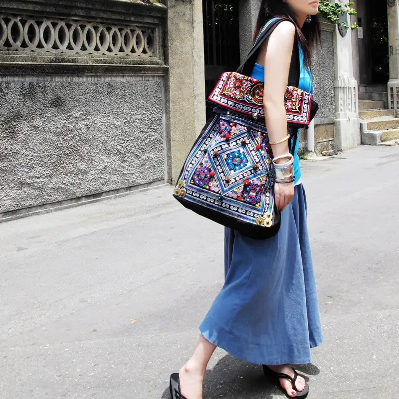 sac brodé chic de grande capacité de style national, sac de voyage à une épaule en toile, sac en tissu bohème