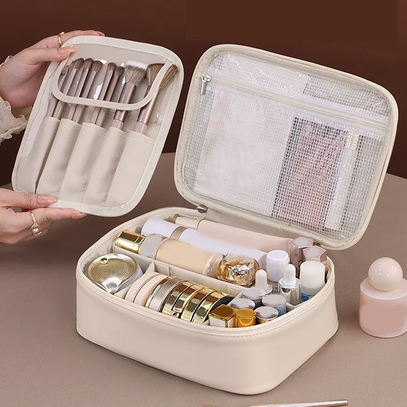 sac de maquillage de voyage double couche en cuir pu pour femmes, sac de rangement portable de grande capacité, sac de voyage étanche à fermeture éclair