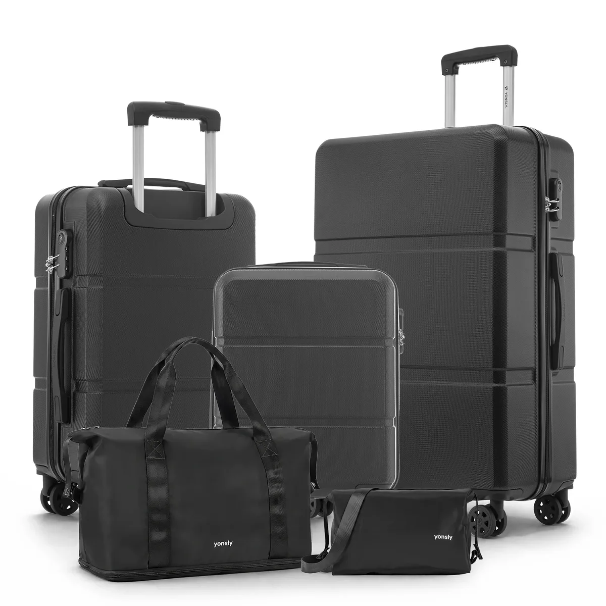 ensemble de valises yonsly 5 pièces 20/24/28 pouces, sac de voyage et trousse de toilette avec 4 roulettes 360° ° sac en maille avec serrure à combinaison, doubles fermetures éclair renforcées et poignée en caoutchouc souple pour les voyages longue distance en vacances.