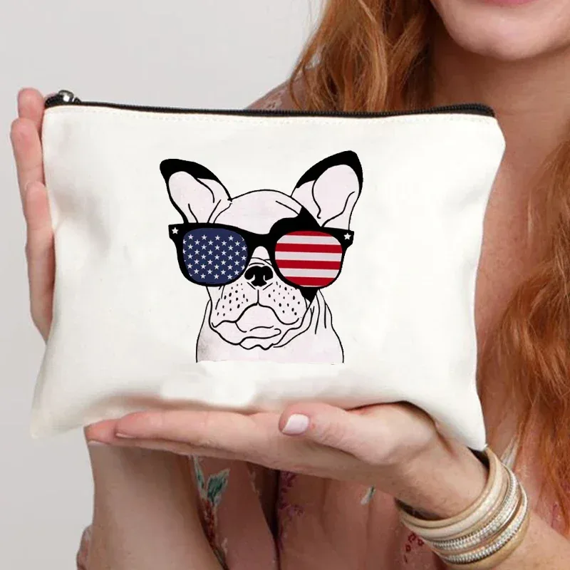 trousse de maquillage en toile pour femme, trousse de toilette, valise professionnelle, impression de dessin animé, bouledogue français, drôle