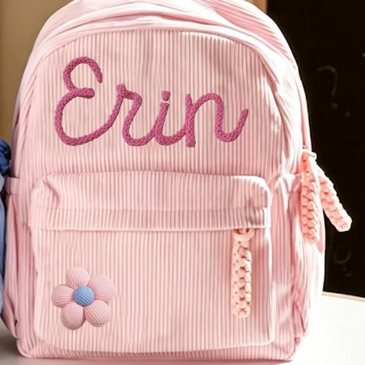 sac à dos en velours côtelé personnalisé 1 pièce, lettres brodées à la main, décorations florales/animales, cadeau idéal.