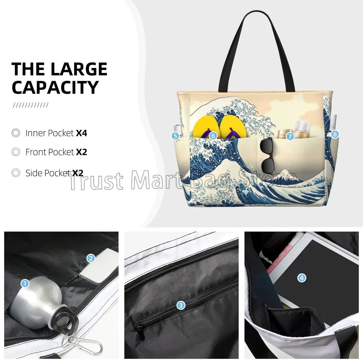 sac de voyage de plage de grande capacité, vagues de mer japonaises, fourre-tout pliable pour femmes, sacs de piscine pour voyage, vacances, salle de sport, natation