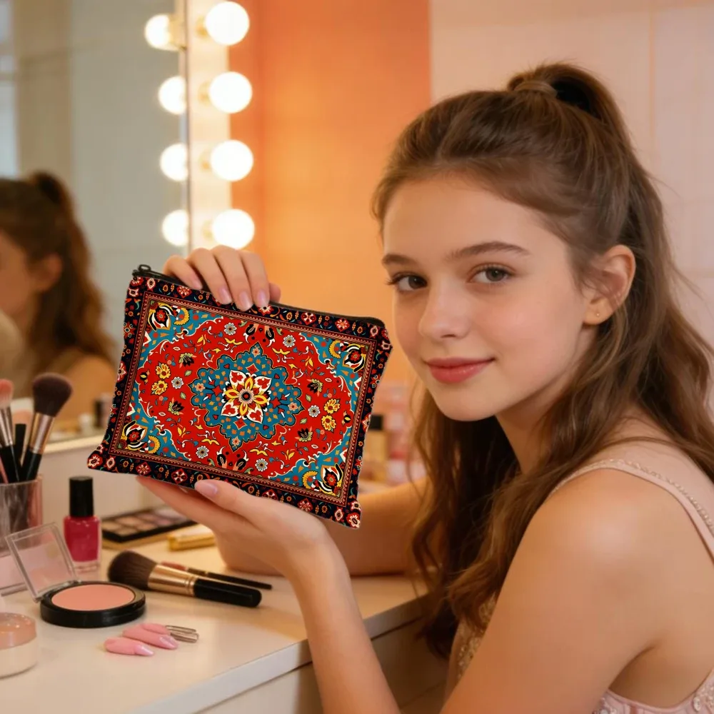 sacs de maquillage à motif floral mandala rouge et bleu pour filles, pochette à cosmétiques, trousse de toilette, trousse à crayons, rangement de voyage
