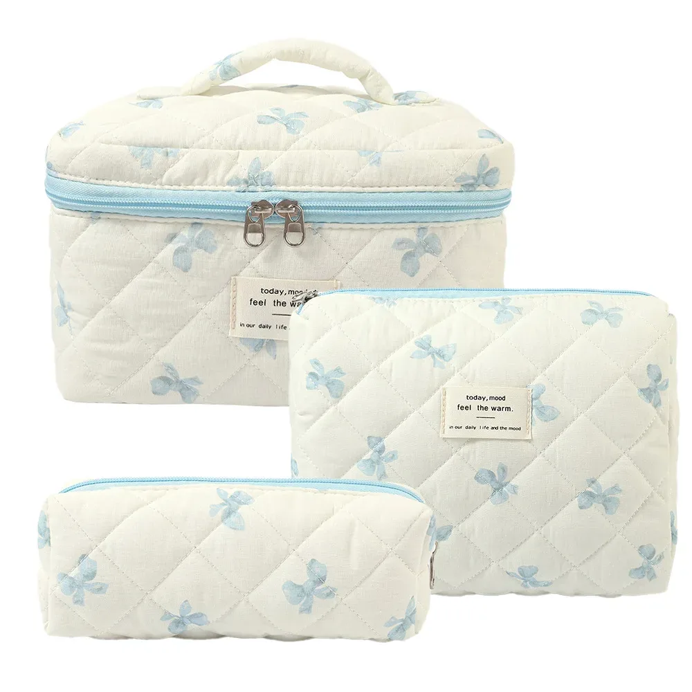 3 pièces sac de maquillage nœud papillon matelassé femmes sacs à cosmétiques portable fermeture éclair maquillage organisateur de voyage sac à main de rangement pochette de toilette 2025