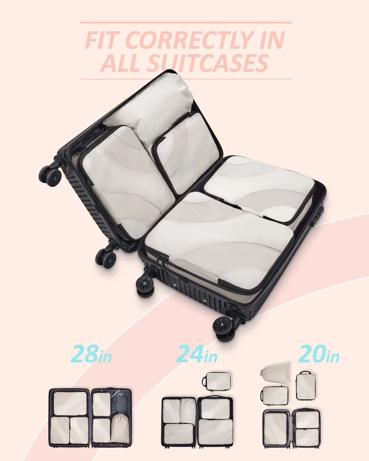 organisateur voyage polyester beige lignes ondulées cube sac chaussures pliable set six pièces compression transport