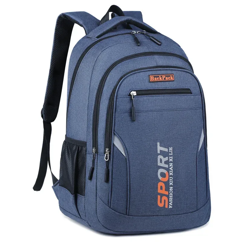 sac dos oxford université bleu marine accents noirs logo orange poche zippée support arrière polyester coton bio 36 55 litres bandoulière arquée crochet boucle