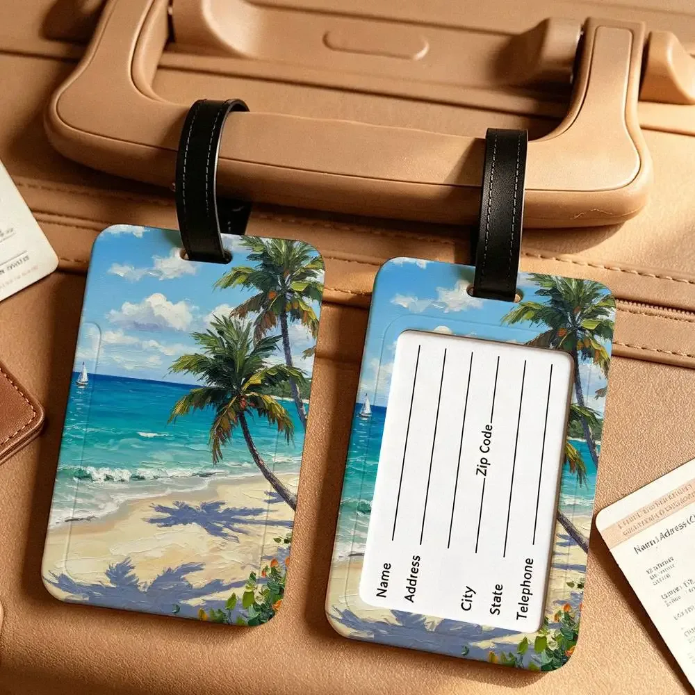 étiquette de bagage en pvc avec carte d'informations, motif mer, océan, bateau, art mural, étiquette anti-perte pour valise, sac à dos, accessoire de voyage
