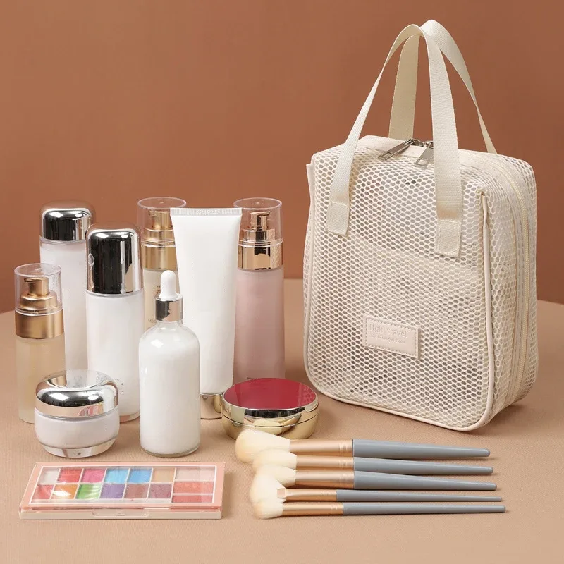 sac de rangement de maquillage et de toilette en maille, sacs à main portables de voyage, lavage du corps, outils de douche, organisateur suspendu, pochette de rangement de cosmétiques