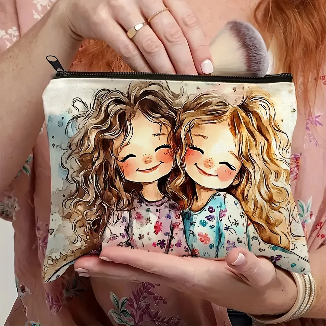 trousse toilette lin illustration filles souriantes robe motifs floraux pochette portable voyage beauté maquillage cosmétique