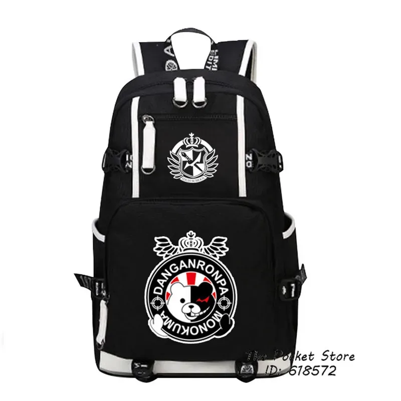 sac dos toile oxford noire dessin animé monokuma couronne ailes capacité 20 35 litres port usb bandes renfort blancs
