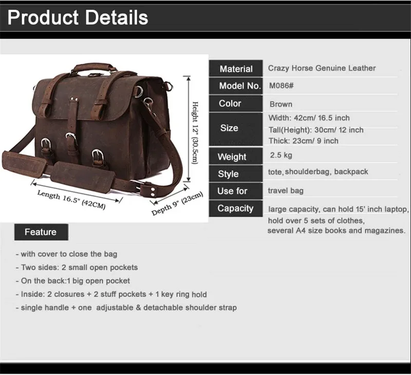 porte-documents en cuir véritable crazy horse vintage pour homme, sac d'affaires, grand porte-documents en cuir, sac à bandoulière pour ordinateur portable 17 pouces, sac de bureau