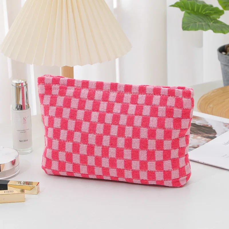 trousse de maquillage à carreaux, trousse de toilette de voyage, organisateur de pinceaux de maquillage mignons, sac de rangement d'accessoires esthétiques pour femmes