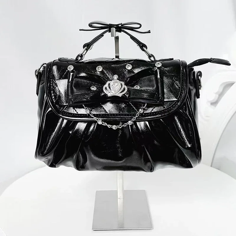 sac sous le bras élégant rose avec nœud et strass, sac à bandoulière plissé style sweet lolita, sac à main portable avec poignée nœud, jolie pochette ita