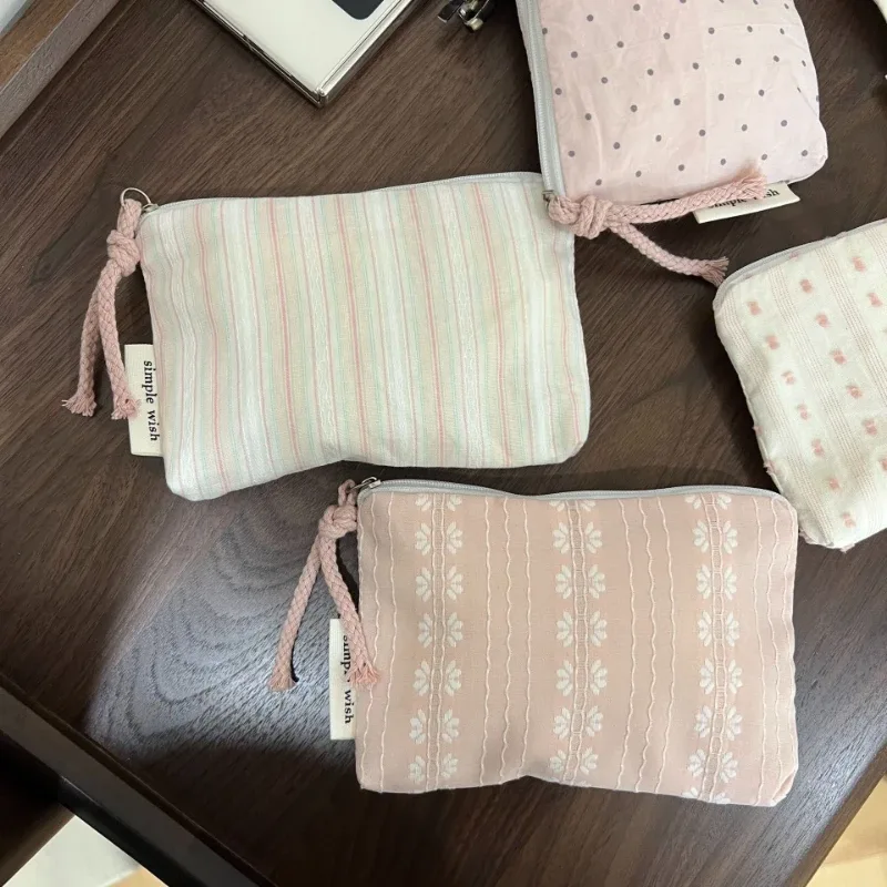 sac de maquillage rose à rayures et pois pour femmes, porte-monnaie portable, porte-cartes, portefeuille, sac de rangement pour rouge à lèvres, sac organisateur de cosmétiques