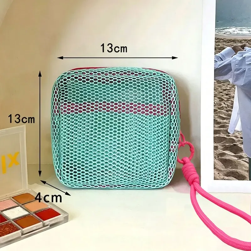 mini porte-monnaie portable en maille, trousse de maquillage en tissu maille dopamine, sac de rangement pour argent, rouge à lèvres et fards à paupières pour les voyages et le shopping