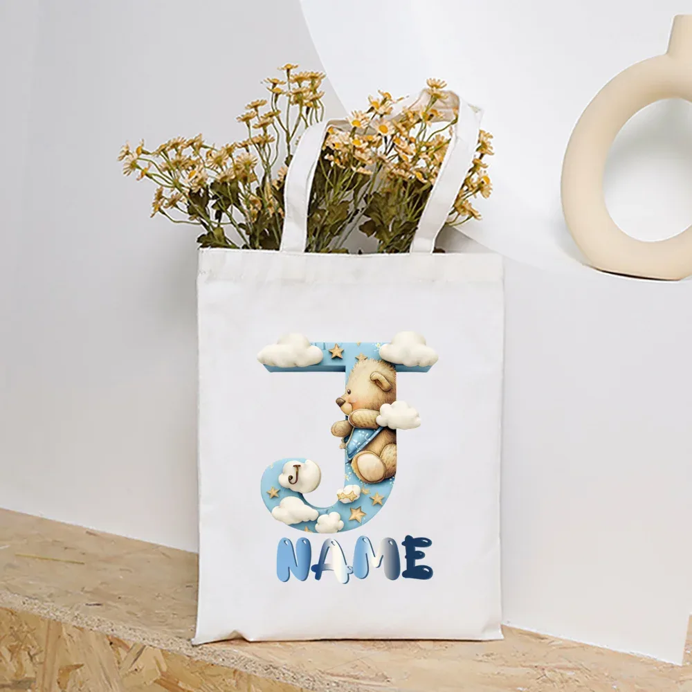 sacs fourre-tout en toile college nuage ours et alphabet personnalisés, sacs à main personnalisés de grande capacité, cadeaux de portabilité pour la rentrée scolaire