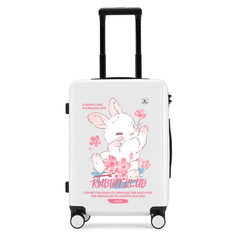 valise plastique abs beige noir gris lapins fleurs roses voyage école enfants toupie roulettes poignées
