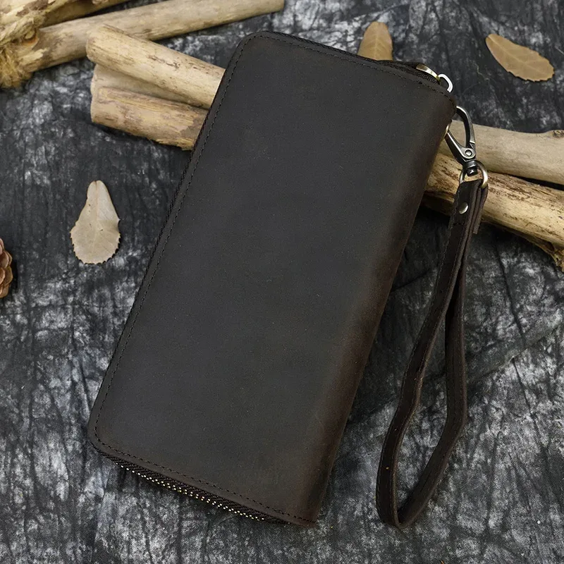 luufan-long sac à main en cuir de cheval vintage pour hommes et femmes, portefeuilles à double fermeture éclair pour carte de crédit, pochette pour homme