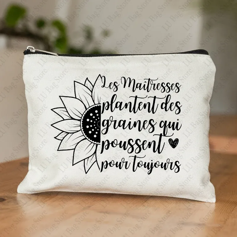trousse de maquillage pour femmes, thème enseignant, étui à cosmétiques inspiré de maitresse avec motif éducatif de conception de style français, portefeuille pour le travail ou l'école