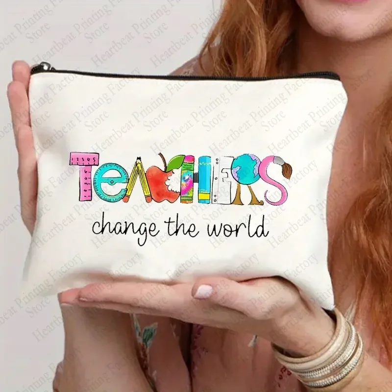 teacher change the world print sacs à cosmétiques trousse de toilette cadeau de remise des diplômes pour les enseignants trousse à crayons de retour à l'école pour enseignant