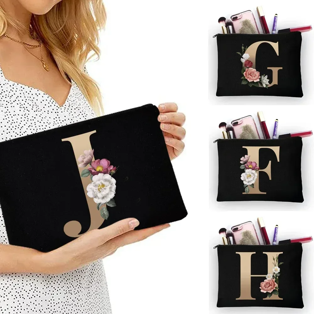 trousse de maquillage pour filles, sac de rangement classique à motif de lettres dorées, pochettes pour sacs de voyage, pochette à cosmétiques pour femmes